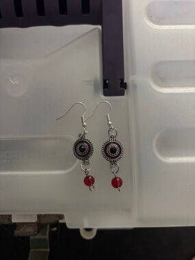 Silver-Tone Red Bead Drop Earrings